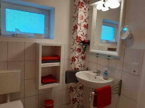 baño pequeño con lavabo y ventana en Wikingerland Typ 1 Erdgeschoss, en Langballig