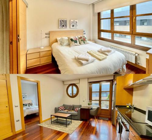 1 dormitorio con 1 cama y sala de estar en Apartamento con piscina VIESQUES, en Gijón
