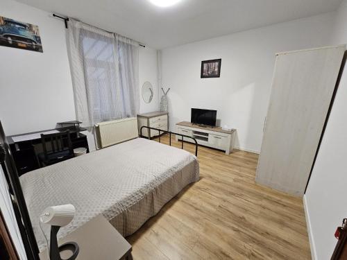 Dormitorio con cama, escritorio y TV en Renovated private room en Bruselas