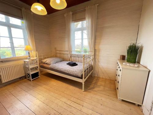 a bedroom with a bed and two windows at Alleinlage, eingezäunt, Hunde Willkommen, WLAN, Sauna, Kamin in Dornum