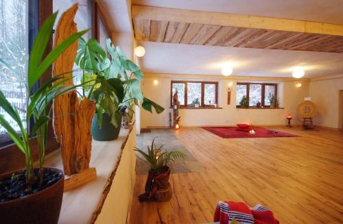 ein großes Wohnzimmer mit Holzboden und Pflanzen in der Unterkunft DobroDziejnia in Nowa Ruda