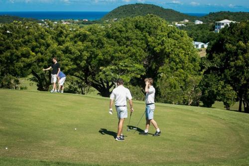 eine Gruppe von Menschen, die auf einem Golfplatz Golf spielen in der Unterkunft Sea-Renity Hideaway (Studio Apt) in Woods