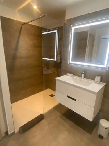 une salle de bain avec un lavabo et une douche en verre dans l'établissement Ajaccio : superbe appartement dans résidence neuve, à Ajaccio