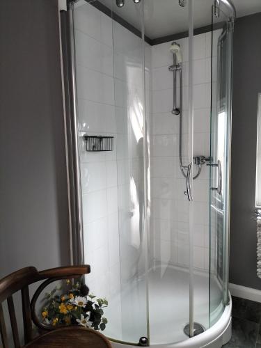 a shower with a glass door in a bathroom at Valley House in Exeter
