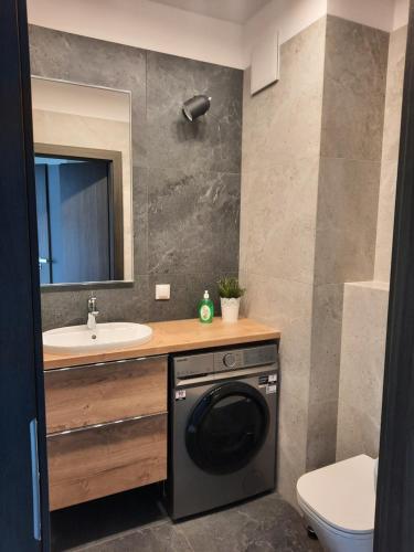 a bathroom with a washing machine under a sink at APARTAMENTY Z MORZA I MARZEŃ in Gdynia