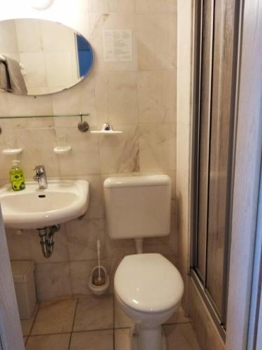 a small bathroom with a toilet and a sink at Pension Sonnenschein in Halle an der Saale