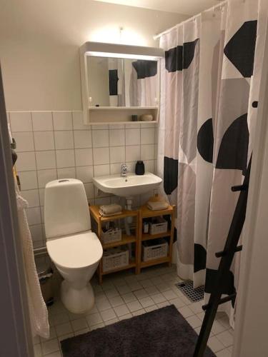 a bathroom with a toilet and a sink at Guestroom in central Malmö in Malmö