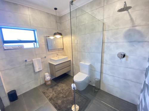 a bathroom with a shower and a toilet and a sink at Luxurious Mangethe Suite - 2206 in Bulawayo