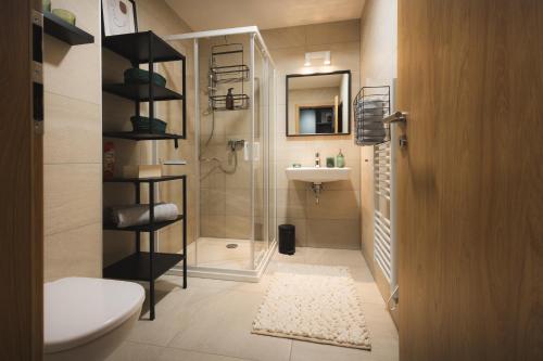 een badkamer met een douche, een toilet en een wastafel bij GREEN APARTMENT in Banská Bystrica