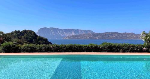 a swimming pool with a view of the water at PUNTA EST QUADRILOCALE TERRAZZA FAVOLOSA VISTA MARE in Capo Coda Cavallo