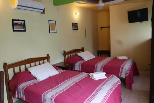 2 camas en una habitación con sábanas rosas y blancas en HOTEL PALACIO CHATINO, en Santos Reyes Nopala