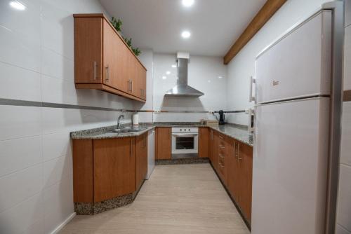 a kitchen with wooden cabinets and a white refrigerator at EREA apartamentos turísticos in Monforte de Lemos