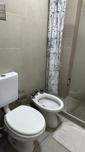 a bathroom with a toilet and a shower at Departamentos Rivadavia in Mendoza