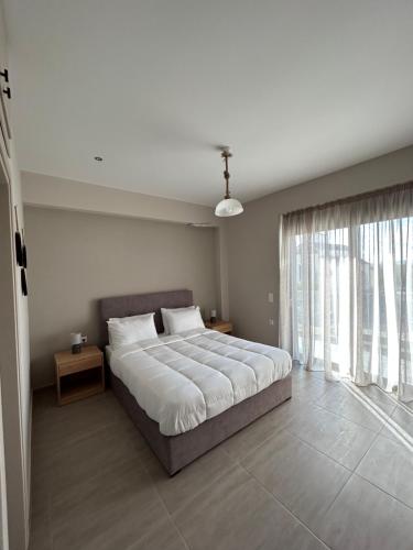 1 dormitorio con cama grande y ventana grande en Cozy Home en Gastoúni