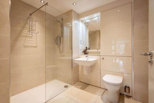a bathroom with a shower and a toilet and a sink at Kinness House, Luxury Apartment with Parking in St Andrews