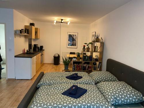 a living room with a bed and a kitchen at Zuhause fühlen in Kreuzberg in Berlin