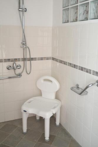 une salle de bain blanche avec toilettes et douche dans l'établissement Gtes Aux Portes de lEure Les Coquelicots, à Vernon