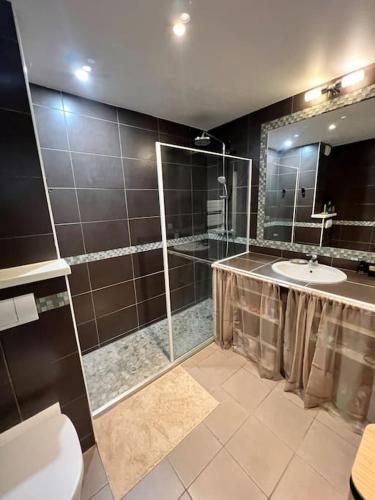 une salle de bain avec une douche, un lavabo et un miroir dans l'établissement Appartement vue mer avec garage, à Saint-Laurent-du-Var