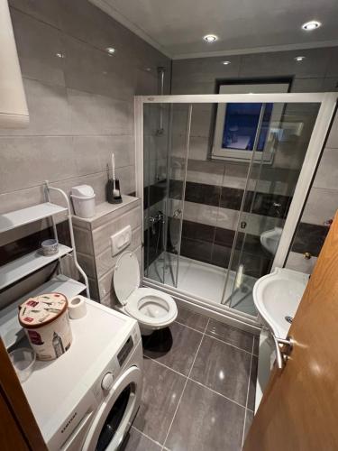 La salle de bains est pourvue d'une douche, de toilettes et d'un lavabo. dans l'établissement Vacation Home MEŠIĆ, à Sarajevo