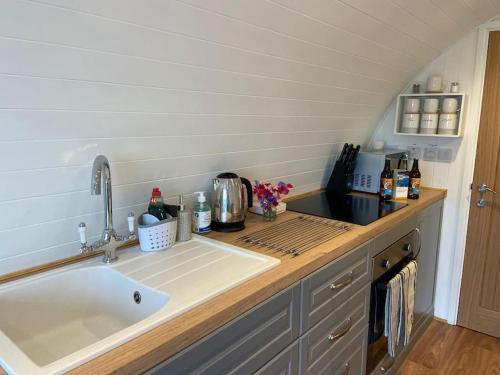 uma cozinha com um lavatório e uma bancada em Secluded Luxury Pod with Hot Tub em Launceston