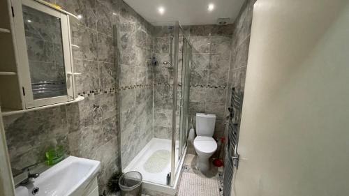 a bathroom with a shower and a toilet and a sink at Room available near Edgware Road London in London