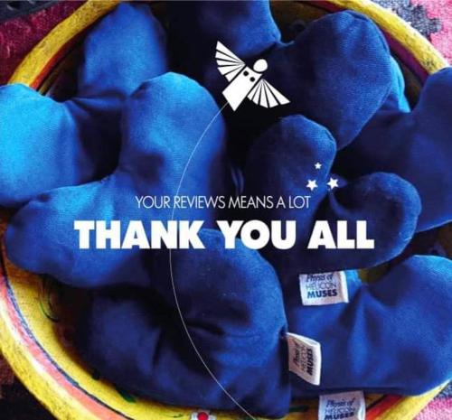 Un osito de peluche azul con las palabras. Gracias a todos. en Helicon Muses Friendly Mountain B&B Guesthouse en Evangelístria