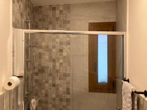 eine Dusche mit Glastür im Bad in der Unterkunft Apartamento Robledo de Chavela Plaza 1A in Robledo de Chavela