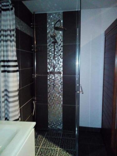 une douche avec une porte vitrée dans une salle de bain dans l'établissement Gîte ZEN LA CAMPAGNE A LA MER, à Bréxent-Énocq
