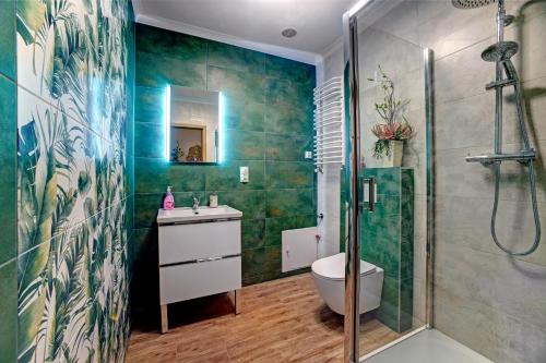 a bathroom with a shower and a toilet and a sink at APARTAMENTY in Przemyśl