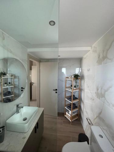 W łazience znajduje się umywalka, toaleta i lustro. w obiekcie Cozy Home w mieście Gastoúni