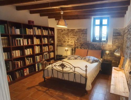 1 dormitorio con 1 cama en una habitación con estanterías en Traditional Stone House in Kissos Pelion, en Kissos