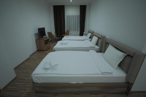 a room with two beds and a tv in it at Hotel Denis in Pristina