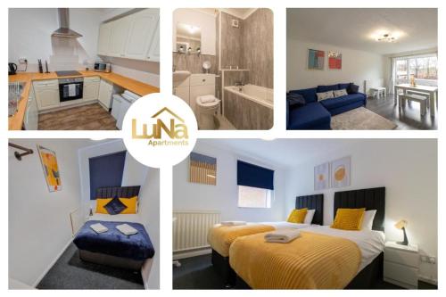 a collage of four pictures of a kitchen and a bedroom at Great prices on long stays!-Luna Apartments Washington in Washington