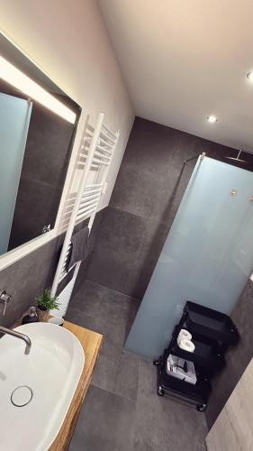 a bathroom with a sink and a mirror and a sink at Heimatliebe Erfweiler Wohnung VIER in Erfweiler