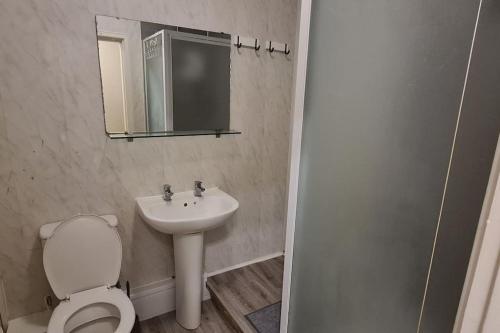 a bathroom with a toilet and a sink and a mirror at Radcliffe Studio in Nottingham