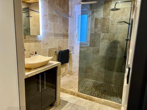 une salle de bain avec un lavabo et une douche dans l'établissement La Parenthèse en Camargue - 120m2 plain-pied, à Arles