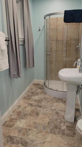 a bathroom with a shower and a toilet and a sink at Josephine's Bed & Breakfast in Titusville