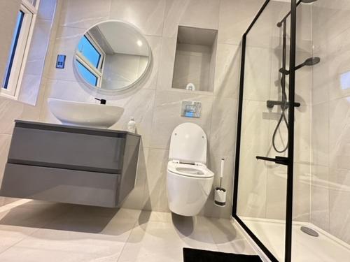 Large En-Suite Studio with private bath and kitchen In Canary Wharf 4 في لندن: حمام مع مرحاض ومغسلة ومرآة