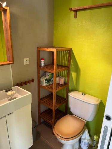 une petite salle de bain avec toilettes et lavabo dans l'établissement Maison avec cour située à 2 minutes des plages, à Six-Fours-les-Plages