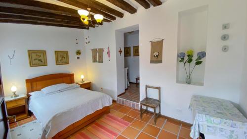 a bedroom with a bed and a table and a chair at Sakti Hostal B&B in Quito