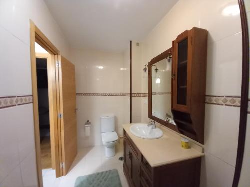 a bathroom with a sink and a toilet and a mirror at SOLPOR DO VERAN in Ribeira