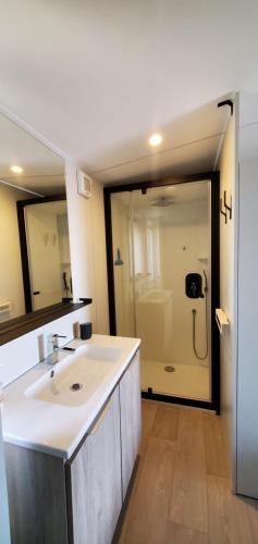 Un baño con lavabo blanco y ducha. en BUNGALOW DOMAINE DE L'ILE D'OR, en Saint-Raphaël