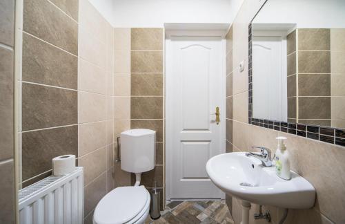 a bathroom with a toilet and a sink and a mirror at Mandy Apartments in Budapest