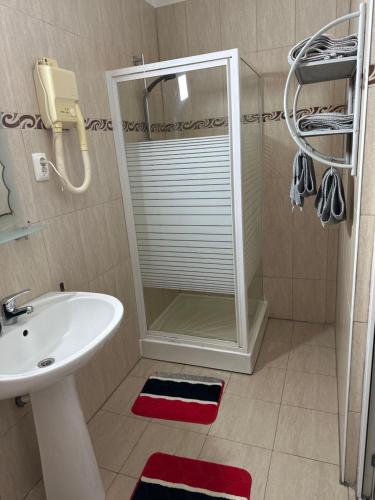 a bathroom with a sink and a shower at Casa Bavareză in Caransebeş