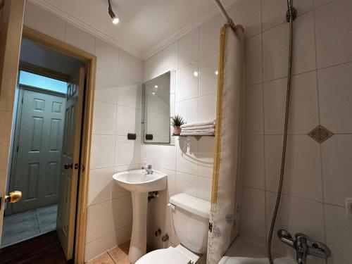 a bathroom with a toilet and a sink and a shower at Casa en San Pedro de la Paz, 5 personas, 2 dormitorios, gimnasio in San Pedro de la Paz