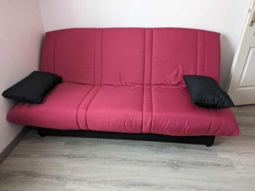 - un canapé rose dans une chambre avec 2 oreillers dans l'établissement Maison Piscine et Jardin - Bethisy st Martin(Oise), à Béthisy-Saint-Martin