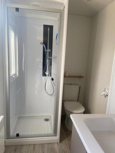 a shower in a bathroom with a toilet at MOBIL HOME 2 CHAMBRES CLIMATISE in Gastes