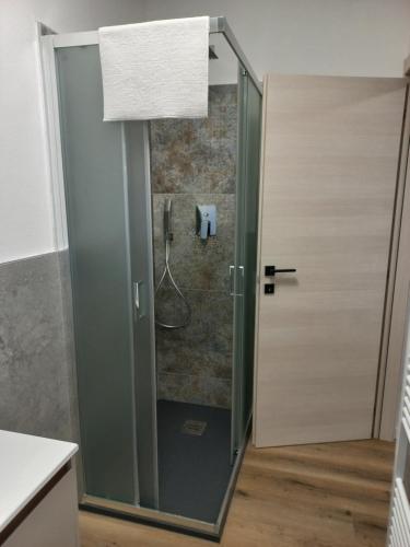 a shower in a bathroom with a glass door at Monolocale Il Piccolo Rusca in Santa Maria Maggiore