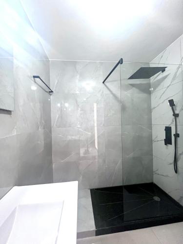 y baño con ducha y puerta de cristal. en Bliss Apartments T3 - Zita - On The Beach en Mindelo