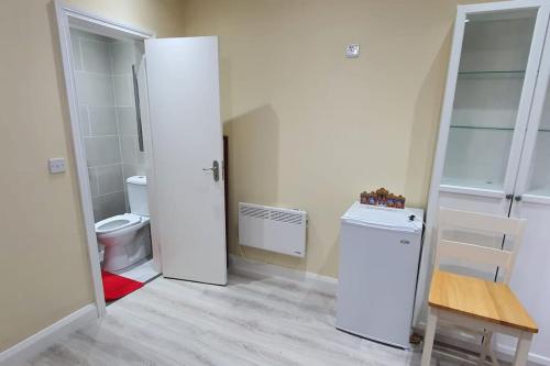 uma casa de banho com um frigorífico branco e um WC. em Private Ensuite Room with Kitchenette em Phibblestown